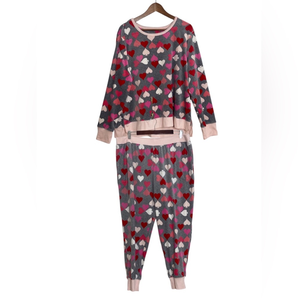 Kate Spade Pajamas Womens XL Pink Gray Hearts Stretch Velour Top Bottoms PJs